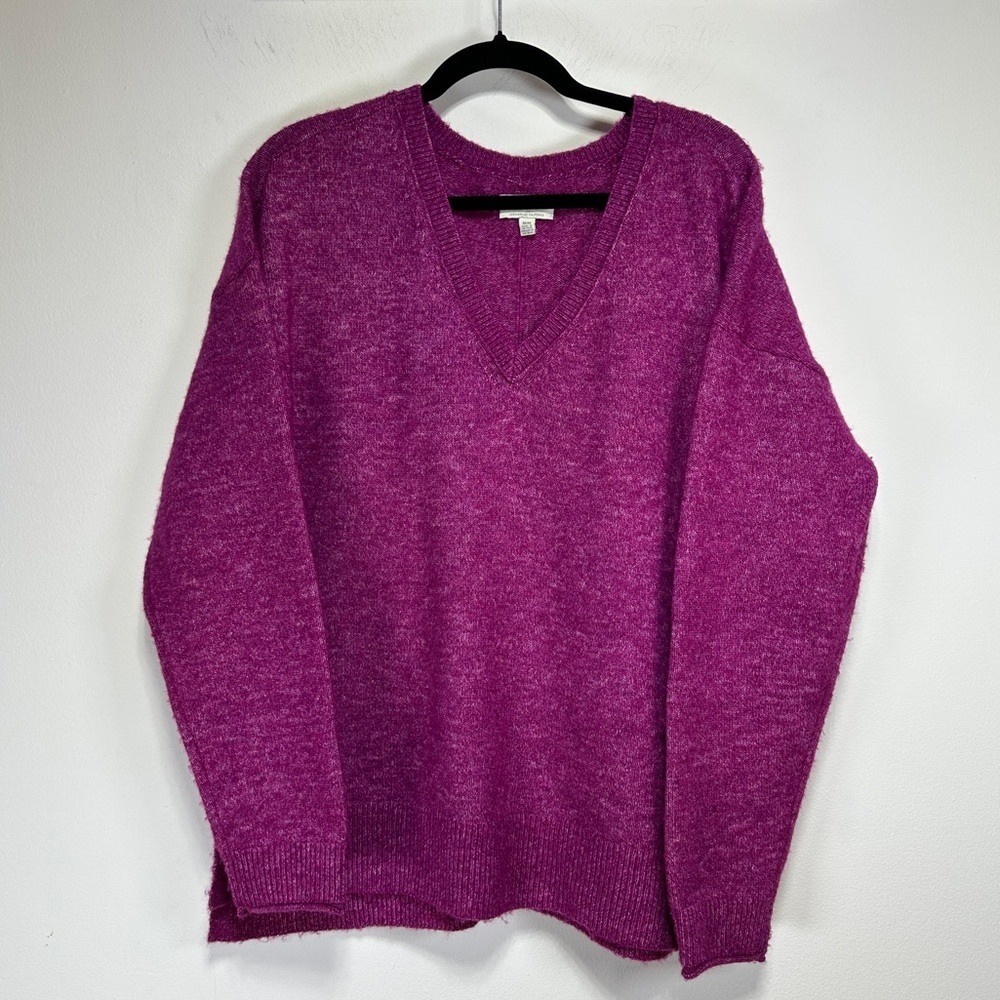 Lucky Brand Magenta Pink V-Neck Knit Sweater M Oversized Cozy Pullover